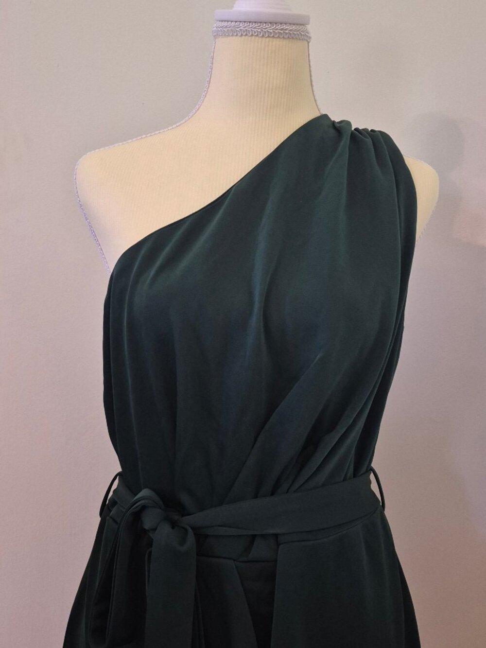 One‎ Shoulder Midi Dress Dark Green Asymmetrical Wrap Hem Tie Waist 14 Old Money - Picture 2 of 10